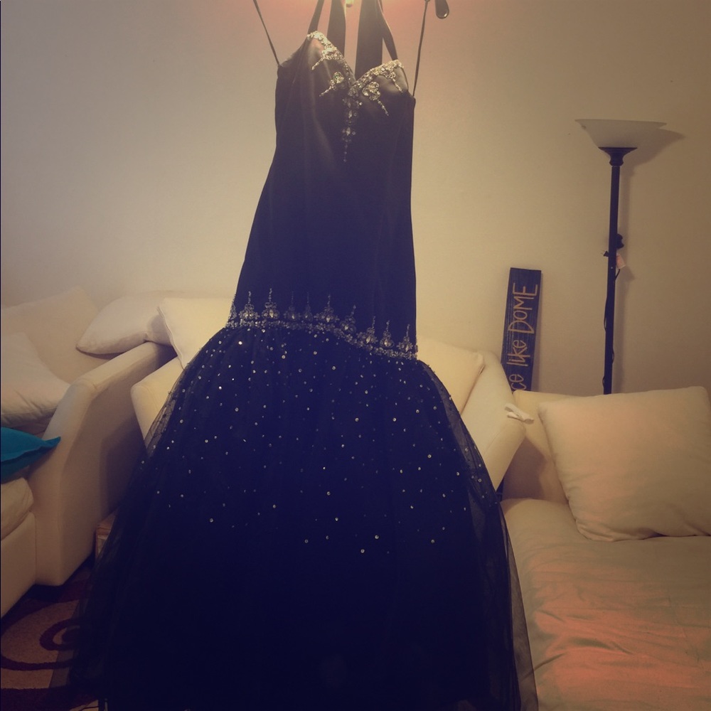 Black satin halter mermaid gown